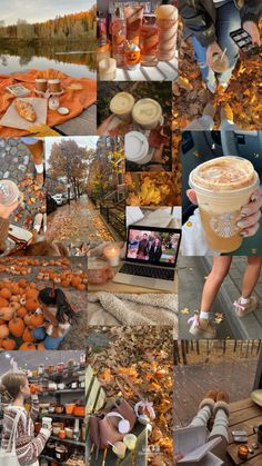 a collage of photos with people and pumpkins