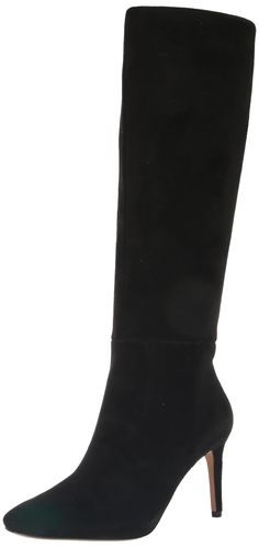 a black high heeled boot with a pointed toe and side zipper on the bottom