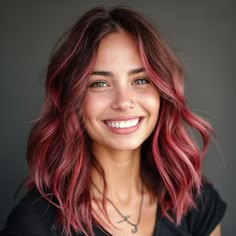 Subtle Vivid Hair Color, Dark Pink Balayage, Hot Pink Short Hair, Red And Pink Hair, Coral Hair Color, Dark Red Hair Color Ideas, Brown And Pink Hair, Red Pink Hair