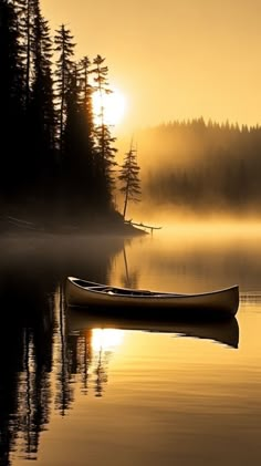 a canoe floating on top of a body of water near the shore with trees in the background