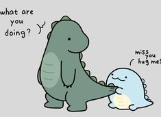 a cartoon drawing of a dinosaur and a sea turtle with the caption, what are you doing?