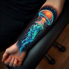 a person with a tattoo on their arm that has jellyfish in the water and stars all over it