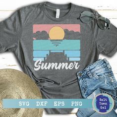 a shirt with the words summer on it next to some denim shorts and sun glasses