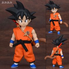 the action figure is being displayed in three different poses, including an orange and black outfit