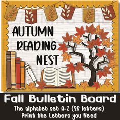 fall bulletin board with autumn leaves and books