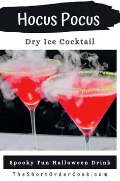 The ultimate Halloween martini! The sweet, spooky, & scary cocktail with dry ice is a fun, pretty, & yummy recipe. The eerie dry ice makes the drink aesthetic & fancy. A green sugar rim with pink fruity punch is colorful. The rum cocktail has just a few ingredients, shake it up, & pour up - then sip. The best alcoholic drink for adult costume balls or Hocus Pocus movie watch parties. Dry Ice Cocktails, Fun Halloween Drinks, Halloween Alcohol, Holiday Martinis, Alcoholic Treats, Sweet Savory Recipes, Pink Zebra Recipes, Orange Cocktail