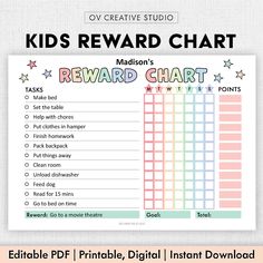 the reward chart for kids is shown in this printable