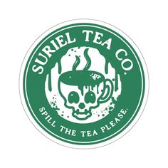 a green and white sticker with a skull on it's head in the shape of a tea cup