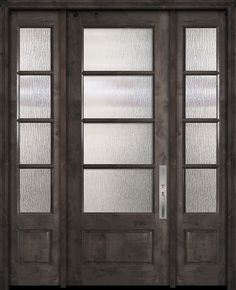 a double door with frosted glass on the front and side doors to both sides