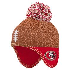 Get your littlest fan ready to cheer on the San Francisco 49ers with this Football Head Knit Hat with Pom. This adorable knit hat is designed to keep your little one's head warm and cozy during the colder months. Featuring embroidered San Francisco 49ers graphics, it's the perfect way to share your team spirit with your littlest fan. San Francisco 49ers Logo, Kansas City Chiefs Logo, San Francisco 49ers Football, New England Patriots Football, Chiefs Logo, Browns Football, Kansas City Chiefs Football, 49ers Football, Patriots Football