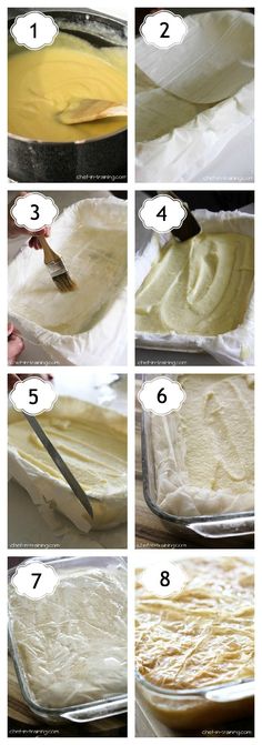 the steps to make an uncooked cake in a pan with white icing