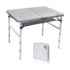 a folding table with two legs and a laptop on the top, next to it's case