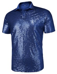 PRICES MAY VARY. Stretchy Material: This mens disco top is made of 100% polyester, which is a stretchy material that provides comfortable wear throughout the day. The breathable lined mesh helps keep you cool, making it suitable for wearing in various settings Unique Design: Our sequin disco polo shirt features a double-layered design that includes a sequin-covered outer layer and a full mesh-lined inner layer. The mesh layer provides added comfort and protects the skin from scratching, while th Fitted Blue Sequin Fabric For Night Out, Elegant Blue Sequined Tops, Silver Sequin Shirt Men, Blue Long Sleeve Sequin Top, Glamorous Blue Sequined Tops, Nightclub Party, Disco Shirt, Sequin Decor, Sequin Shirt