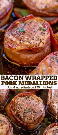 bacon wrapped pork medallions are cooking in a skillet with the title above it