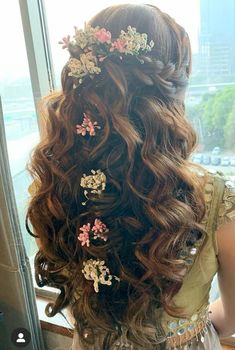 Sweet 16 Hairstyles With Flowers, Formal Hairstyles Flowers, Indian Mehndi Hairstyles, Braided Hairstyles For Quinceanera, Hairstyle For Pooja Function, Flowers In Ponytail, Enchanted Forest Theme Quinceanera Hair, Enchanted Garden Prom Hair, Quinceanera Hairstyles Flowers