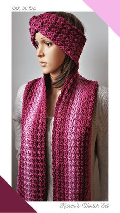 a woman wearing a pink crocheted scarf and headband, with the text link in