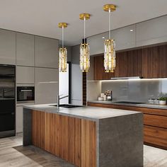 a modern kitchen with wooden cabinets and marble counter tops, gold chandeliers over the island