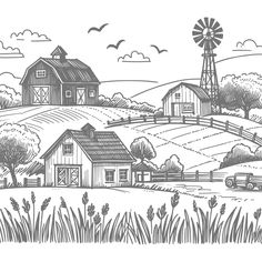 a farm scene with a barn and windmill in the distance, black and white drawing