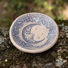 a blue and white plate sitting on top of a tree