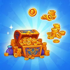 a bunch of gold coins falling out of an open chest on a blue and white background