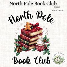 the north pole book club logo with books stacked on top of each other and a teddy bear