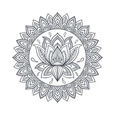 a black and white drawing of a flower in the middle of a circular design with leaves