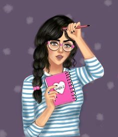 a girl with glasses holding a pink notebook