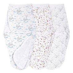 three baby swaddles with stars and clouds on them