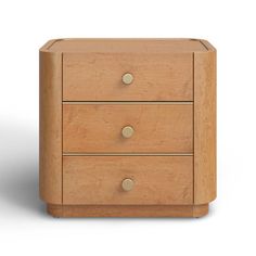 a wooden nightstand with three drawers and two knobs on each drawer, against a white background