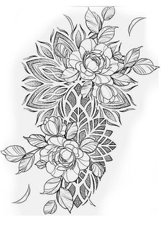 a black and white drawing of flowers with leaves on the bottom half of each flower