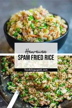 two pictures showing different types of spam fried rice with peas and ham in a skillet