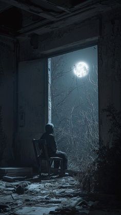 a person sitting on a chair in an abandoned room at night with the moon shining