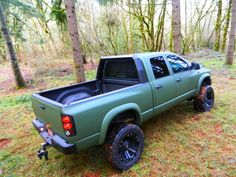 a green pick up truck parked in the woods