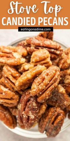 candied pecans in a bowl with text overlay