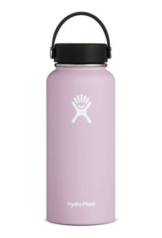 the hydro flask water bottle is pink and has a black lid, with a white logo on it