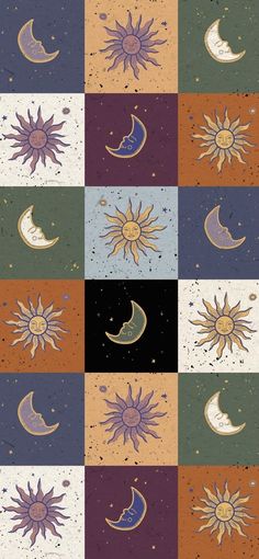 the sun, moon and stars are in different colors