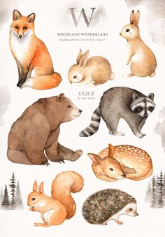 the woodland animals are depicted in this watercolor painting