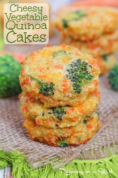 cheese broccoli carrot quinoa cakes stacked on top of each other