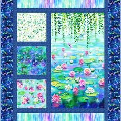 a quilted wall hanging with water lilies and lily pads on the front, in blue