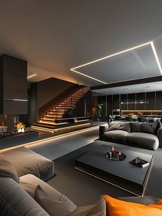 a living room filled with lots of furniture and a fire place in the middle of it