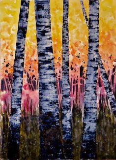 an abstract painting of trees with oranges and yellows