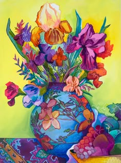 a painting of colorful flowers in a blue vase on a yellow background with other items