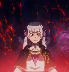 an anime character with white hair and pink eyes standing in front of red lavas