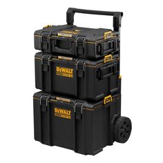 three black tool boxes stacked on top of each other, with the wheels attached to them