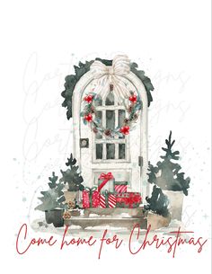 a christmas card with the words come home for christmas on it and presents in front of an open door