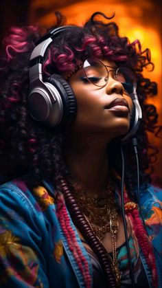 a woman wearing headphones and looking up