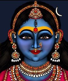 a painting of a woman with blue skin and gold jewelry on her face, in front of a crescent moon