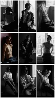 black and white photos of men in suits sitting down, one man is shirtless