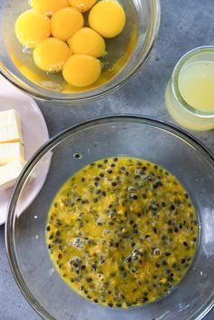 two bowls filled with eggs and other ingredients