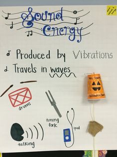 a bulletin board with writing on it that says sound energy produced by travels in waves